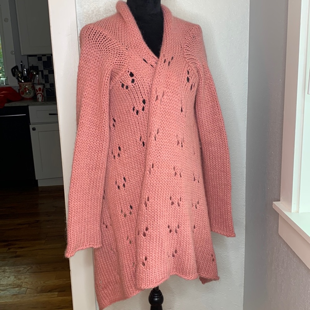 Soft Surroundings Pink Wool Mohair Blend Draped Open Front Knit Cardigan Size L
